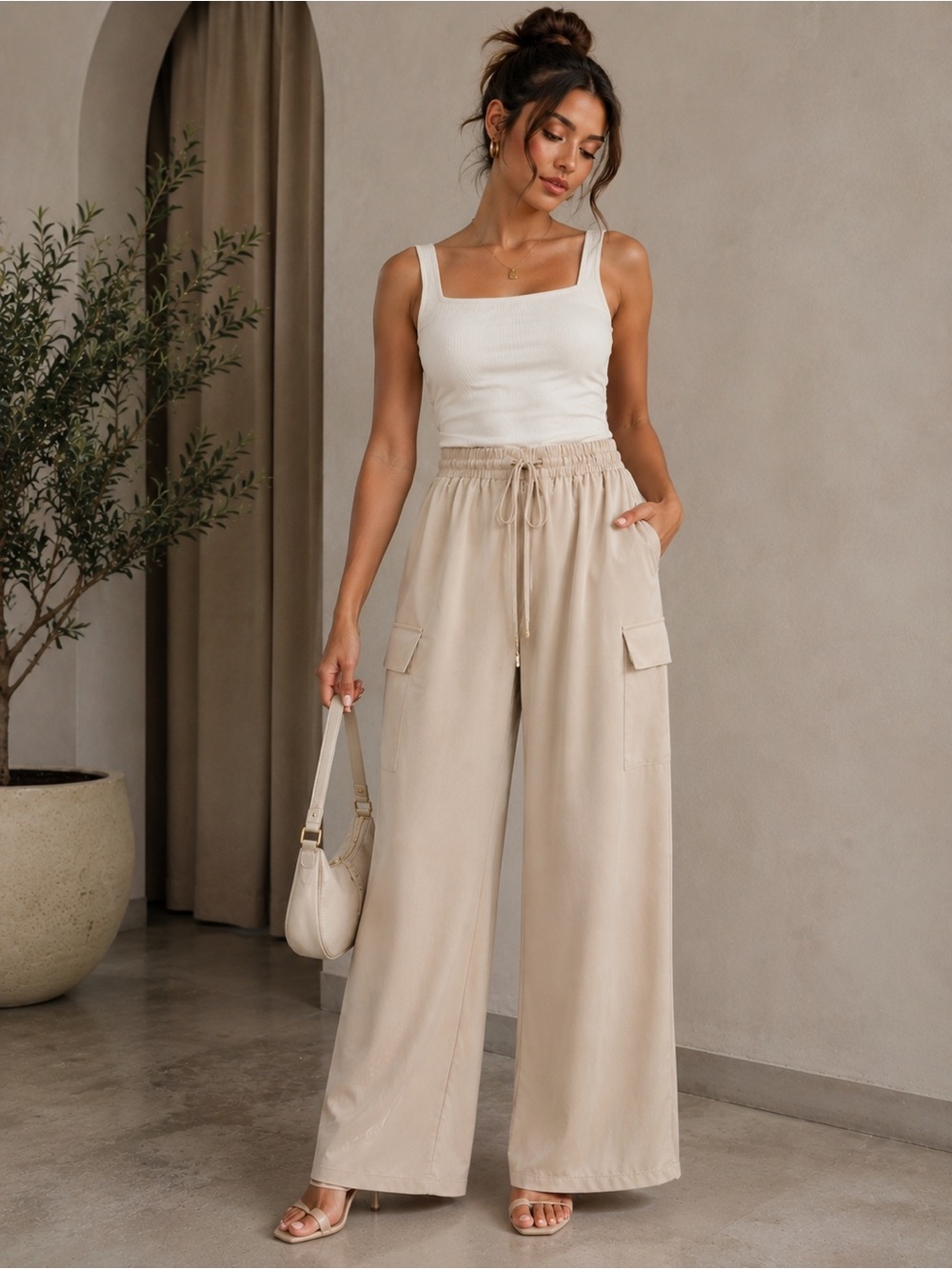 MICHAEL Michael Kors Wide-Leg Cargo Pants in Beige Satin